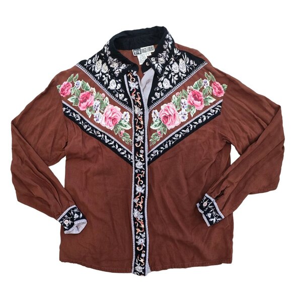 Together Tops - Vintage Together Womens Western Shirt With Floral design Brown 4H show shirt S